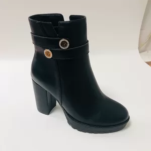 Black PU High-Heel Ankle Boots with Zipper and Metal Decoration