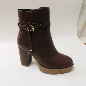 Brown PU High-Heel Ankle Boots with Zipper and Adjustable Straps