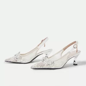 Closed-toe-High-Heel-Sandals-White Mesh Pearl-Flower Embellished