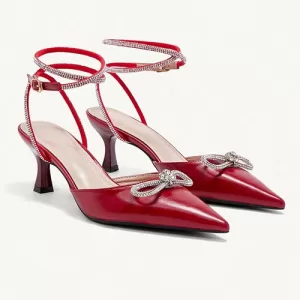 Closed-toe High Heel sandals-Burgundy Rhinestone-Strapped Bow-Embellished