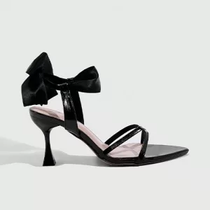 Open-toe High Heel Sandals-Black Satin Bow-Embellished