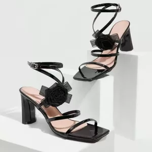 Open-toe High Heel Sandals-Black Tulle Rose-Embellished